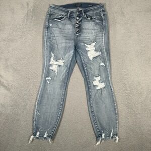 Judy Blue Jeans Womens 14W (32x27) Skinny Fit Distressed Button Fly Raw Hem